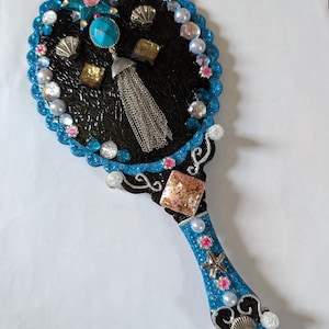 Ready to Ship Black and Blue Bedazzled Starfish Vintage Style Nautical Vanity Hand Mirror