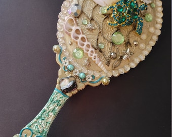 Champagne Mist Fishnet Sea Turtle Vintage Style Nautical Vanity Hand Mirror/Paddle Wet Brush