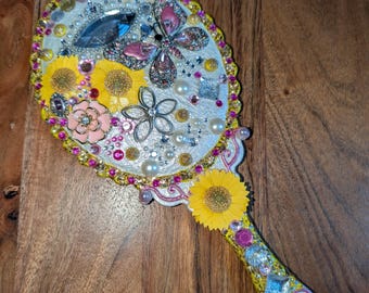 Butterfly Sunflower Hand Mirror, Jeweled Vintage Style Vanity Mirror