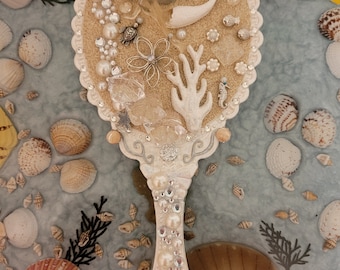 Ready to Ship June Pearl Birthstone Vintage Style Nautical Vanity Hand Mirror/Paddle Wet Brush