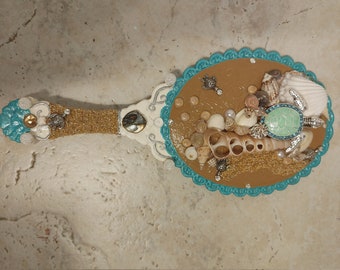 Ready to Ship Sea Turtle on a Sandbar Vintage Style Nautical Vanity Hand Mirror/Paddle Wet Brush