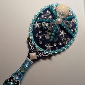 Ready to Ship Dancing Metallic Turquoise and Navy Sea Glass Starfish Vintage Style Nautical Vanity Hand Mirror/Paddle Wet Brush