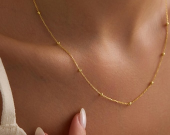 Collier chaîne satellite, or vermeil 14 carats, chaîne en perles d'argent, collier à superposition délicat imperméable qui ne ternit pas, cadeau pour la fête des mères