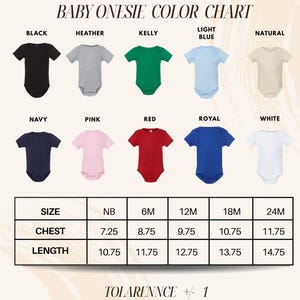 The image is a color chart for baby onesies, displaying various color options and corresponding sizes.