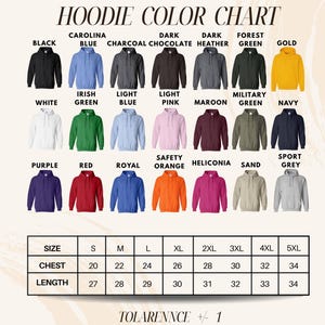 The image is a color chart for hoodies, displaying various colors and sizes.