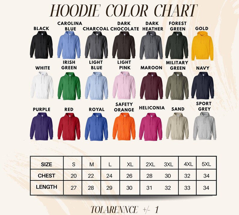 The image is a color chart for hoodies, displaying various colors and sizes.