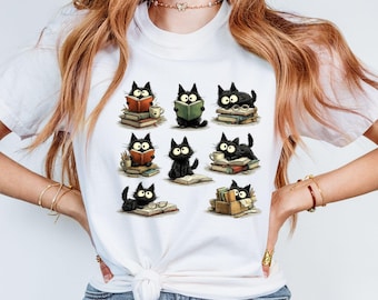 Comfort Colors® Black Cats & Books Shirt, Book Lover Gift, Librarian Shirt
