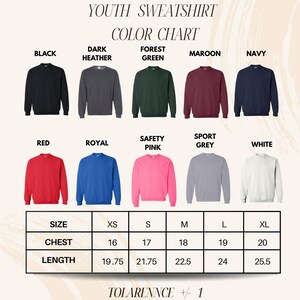 The image is a color chart for youth sweatshirts, displaying various colors and sizes along with corresponding measurements.