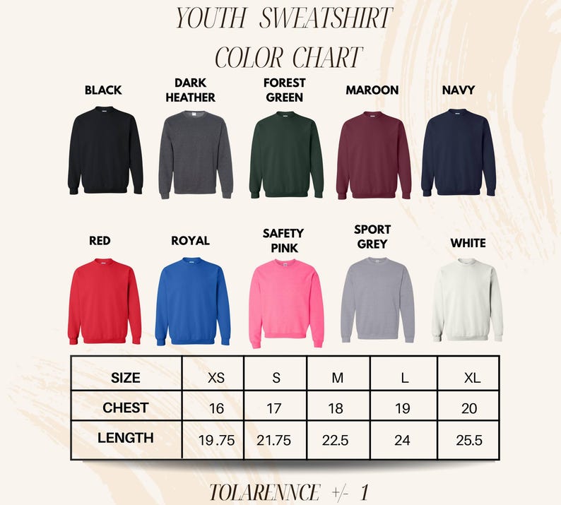 The image is a color chart for youth sweatshirts, displaying various colors and sizes along with corresponding measurements.
