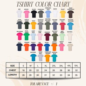 The image is a color chart for T-shirt designs, displaying various color options and corresponding sizes.