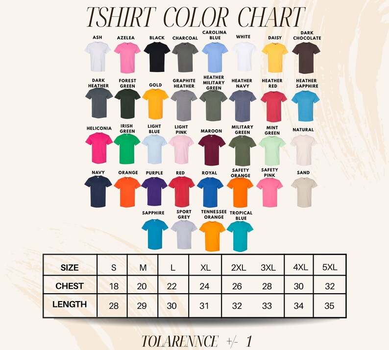 The image is a color chart for T-shirt designs, displaying various color options and corresponding sizes.