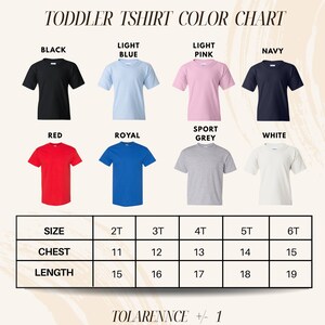The image is a color chart for toddler t-shirts, displaying different color options and corresponding sizes for each color.