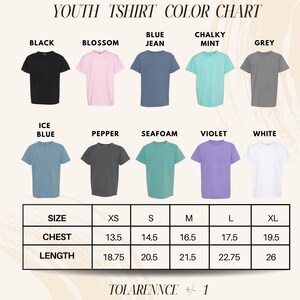 The image is a youth t-shirt color chart that displays various t-shirt designs in different colors and sizes.