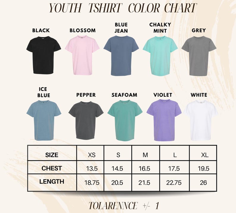 The image is a youth t-shirt color chart that displays various t-shirt designs in different colors and sizes.