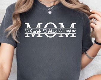Personalized Mom Heart Shirt, Comfort Colors Custom Kids Names