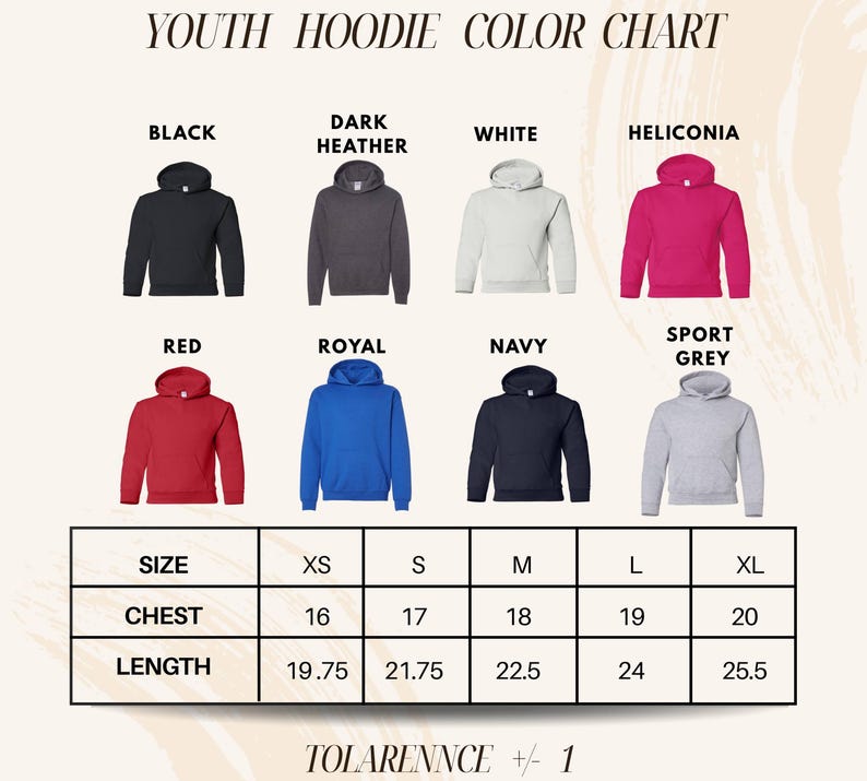 The image is a color chart for youth hoodies, displaying different color options and corresponding sizes.