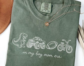 Comfort Colors Boy Mom T-Shirt, Dinosaur Monster Truck Football Bike Graphic