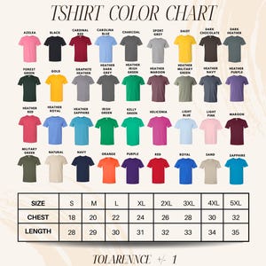 The image is a color chart that displays various t-shirt colors and sizes, along with corresponding descriptions.