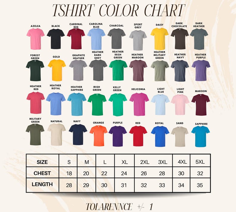 The image is a color chart that displays various t-shirt colors and sizes, along with corresponding descriptions.