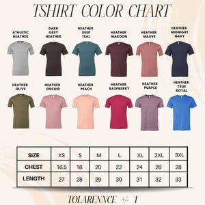 The image is a T-shirt color chart displaying various T-shirt designs in different colors and sizes.