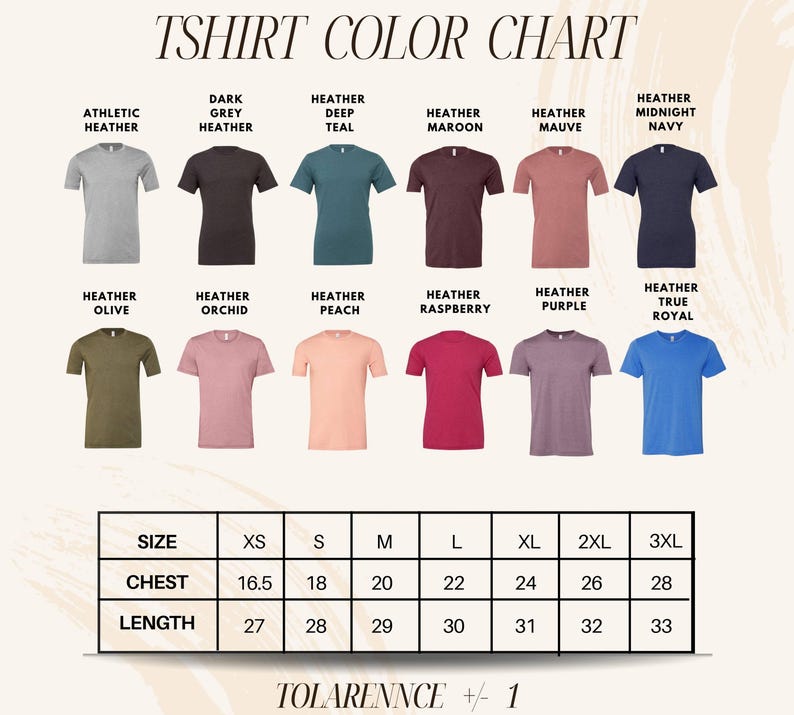 The image is a T-shirt color chart displaying various T-shirt designs in different colors and sizes.
