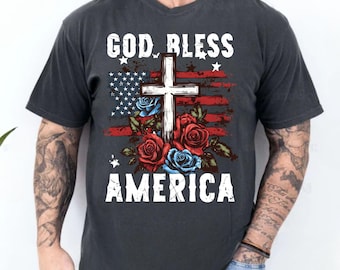 God Bless America Floral Shirt, Retro Patriotic Cross Tee, Independence Day Apparel