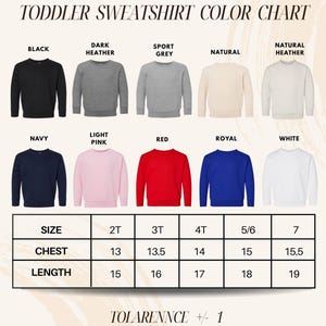 The image is a color chart for toddler sweatshirts, displaying various color options and corresponding sizes.