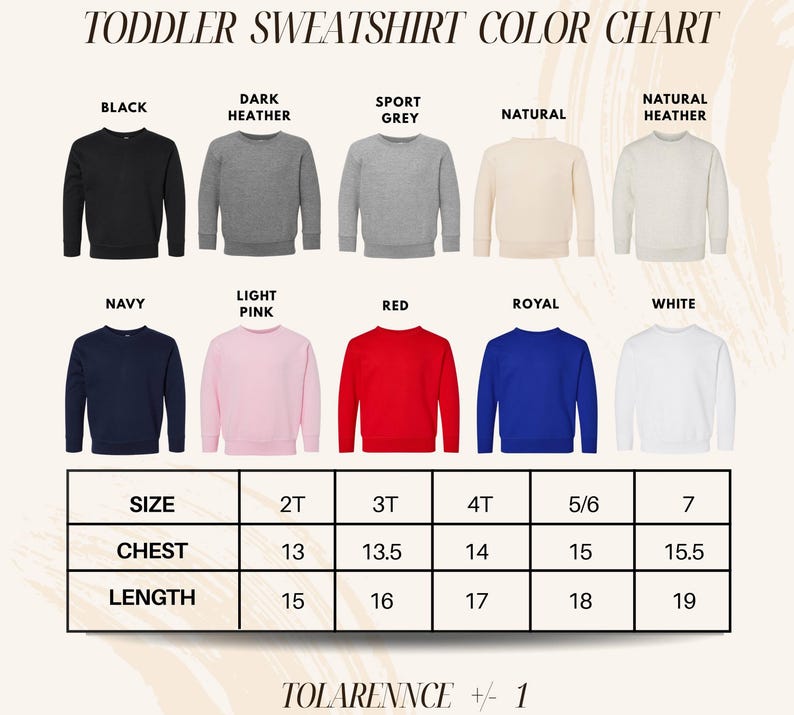 The image is a color chart for toddler sweatshirts, displaying various color options and corresponding sizes.