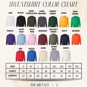 The image is a color chart for a collection of sweatshirts, displaying various colors and sizes.