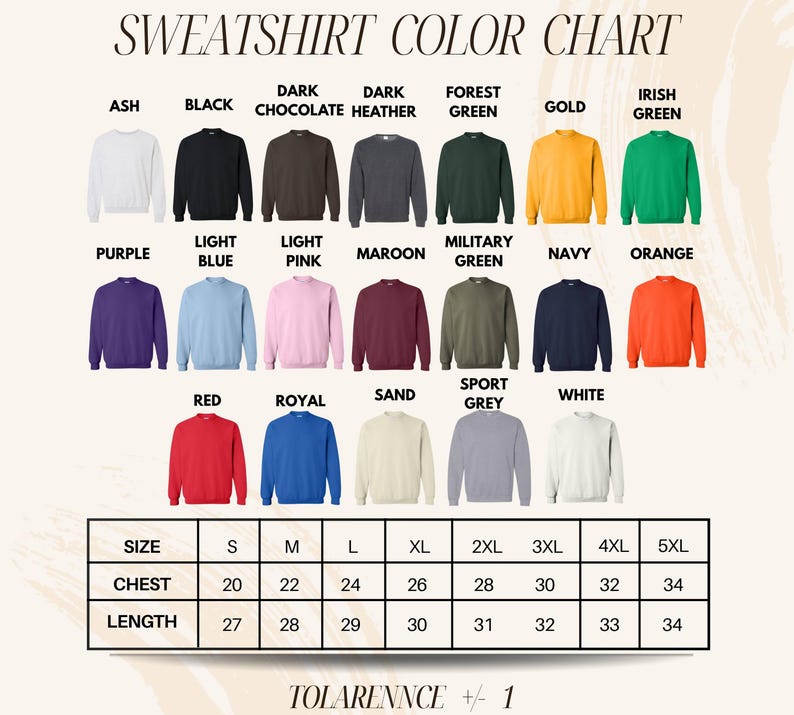 The image is a color chart for a collection of sweatshirts, displaying various colors and sizes.