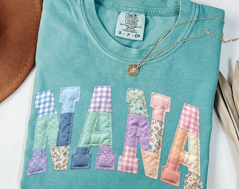Nana Floral Patchwork Comfort Colors Tee, Pastel Gingham Spring Shirt