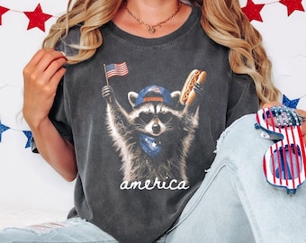 Comfort Colors® American Raccoon Hot Dog Shirt, Kids 4th of July Raccoon Shirt, Patriotic American Flag Tee, Women's Retro USA Animal Top