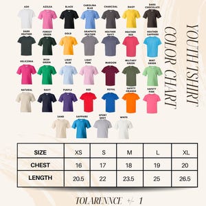 The image is a color chart of various t-shirt designs, with a table below it providing size and length information for each design.