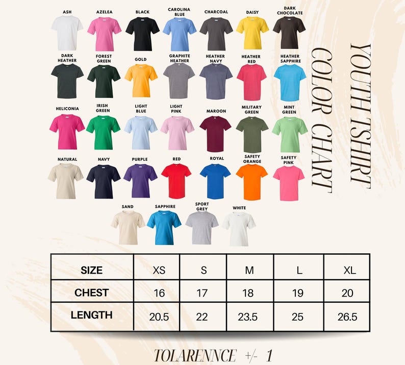 The image is a color chart of various t-shirt designs, with a table below it providing size and length information for each design.