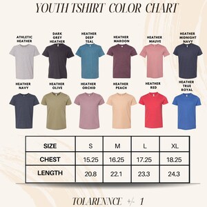 The image is a youth t-shirt color chart that displays various t-shirt designs in different colors, along with their corresponding sizes and measurements.