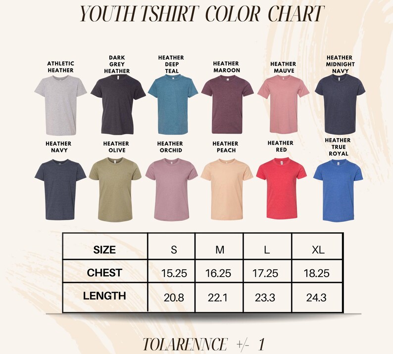 The image is a youth t-shirt color chart that displays various t-shirt designs in different colors, along with their corresponding sizes and measurements.
