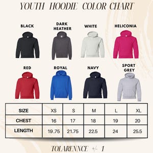 The image is a youth hoodie color chart that displays various color options and corresponding sizes for a hoodie.