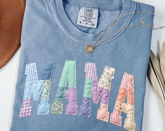 Mama Floral Patchwork Comfort Colors Tee, Pastel Gingham Spring Shirt