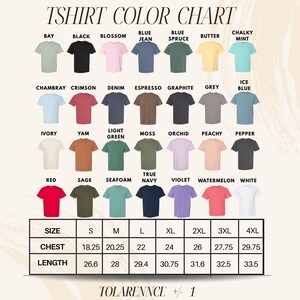 The image is a color chart for a T-shirt, displaying various color options and corresponding sizes.