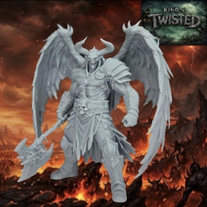 May include: A gray, detailed figurine of a winged demon with horns, armor, and an axe. The figure has a skull on its belt and is set against a fiery background. The text "Kind of Twisted" is in the upper right corner.