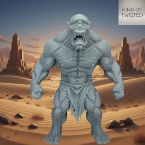 May include: A gray, unpainted cyclops figurine with a muscular build, a single central eye, and an open mouth showing teeth. The figure wears a tattered loincloth and stands in a wide stance. The text "KIND OF TWISTED" appears in the top right corner.