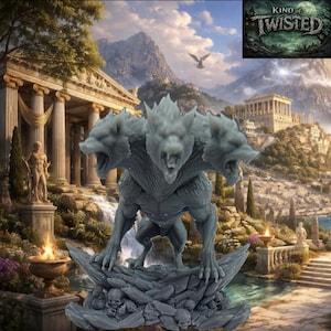May include: A gray, three-headed wolf-like creature statue with a muscular body, standing on a rocky base with skulls. The statue is set against a backdrop of a classical landscape with mountains and architecture. The text "Kind of Twisted" is in the upper right corner.
