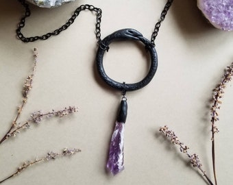 Ouroboros - long necklace with raw amethyst point - handmade to order