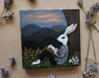 Bunny Bookworm - 3x3 mini original art acrylic painting canvas