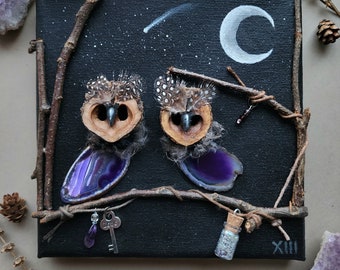 Lovebirds - 6 x 6" mixed media owl art with agate on canvas