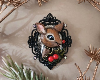 Vintage Reindeer handmade art brooch pin