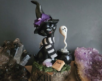 Witch Kitty & Boo original art mixed media art piece with glow in the dark ghost