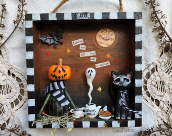 Pumpkin Patch Tea Party - mixed media Halloween art assemblage