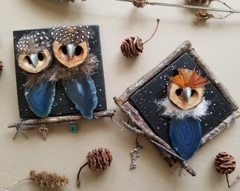 Night Owls - 5x4 found objects art assemblages with agate & wood