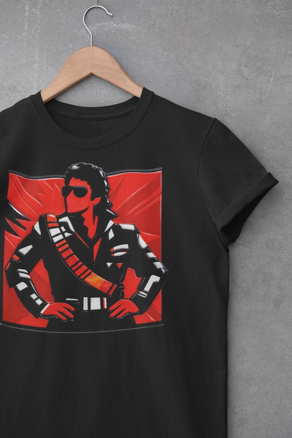 Retro Pop Icon leather-jacket portrait Tee | Red Graphic T-shirt